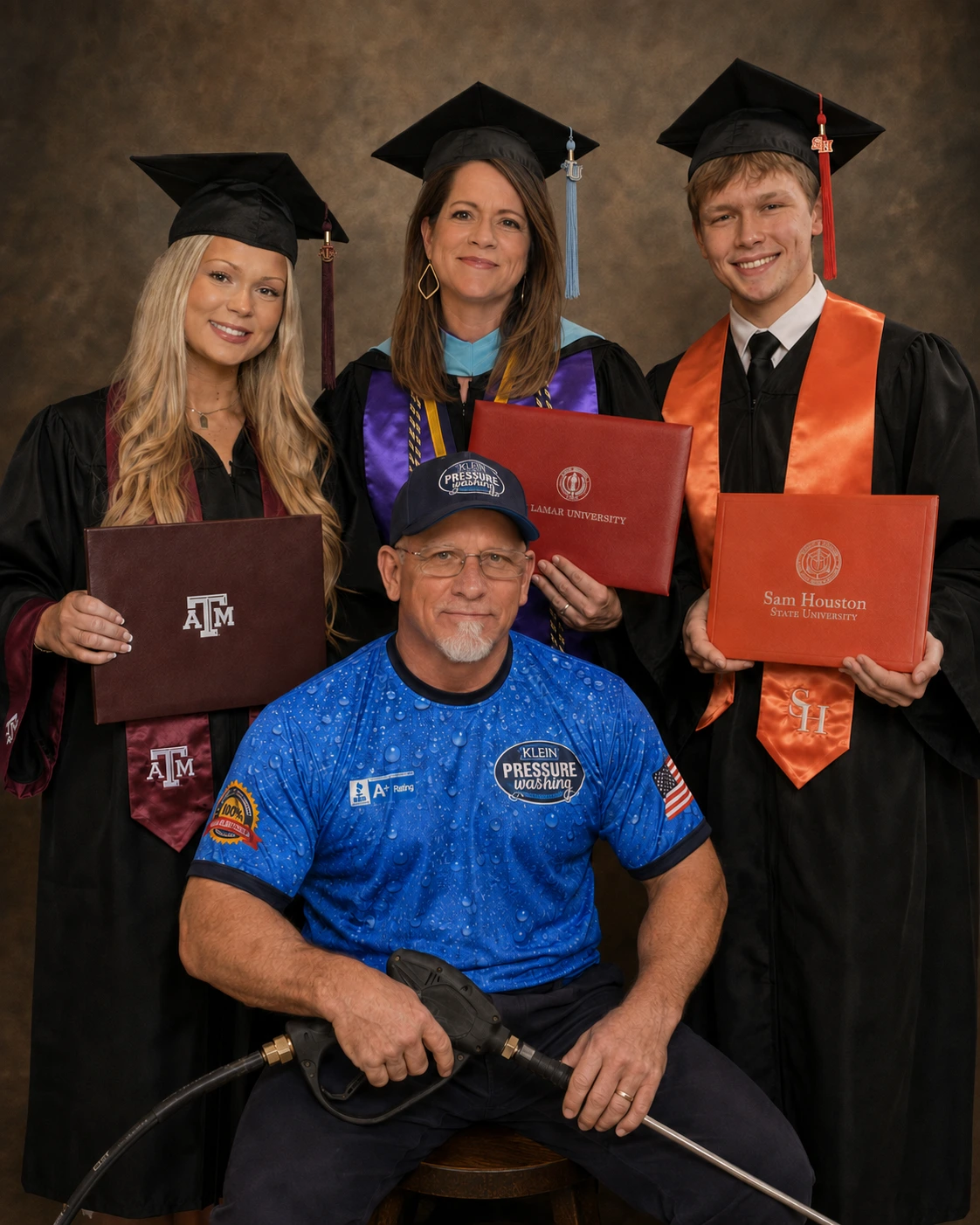 Family photo of Klein Pressure Washing owner's family earning their college degrees funded buy the hard work of the owner and dad